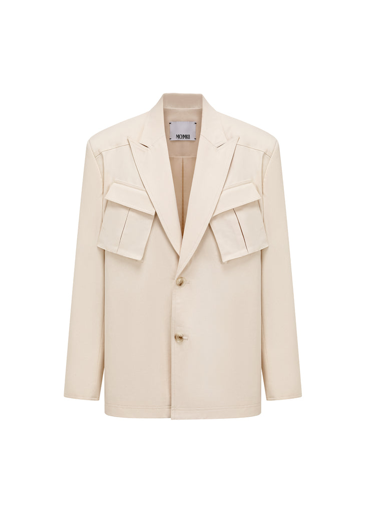 Bellow Jacket in Cream *Relaxed fit *Peak lapels *Padded shoulder *Slanted bellow pockets *Fully lined *Singapore fashion brand