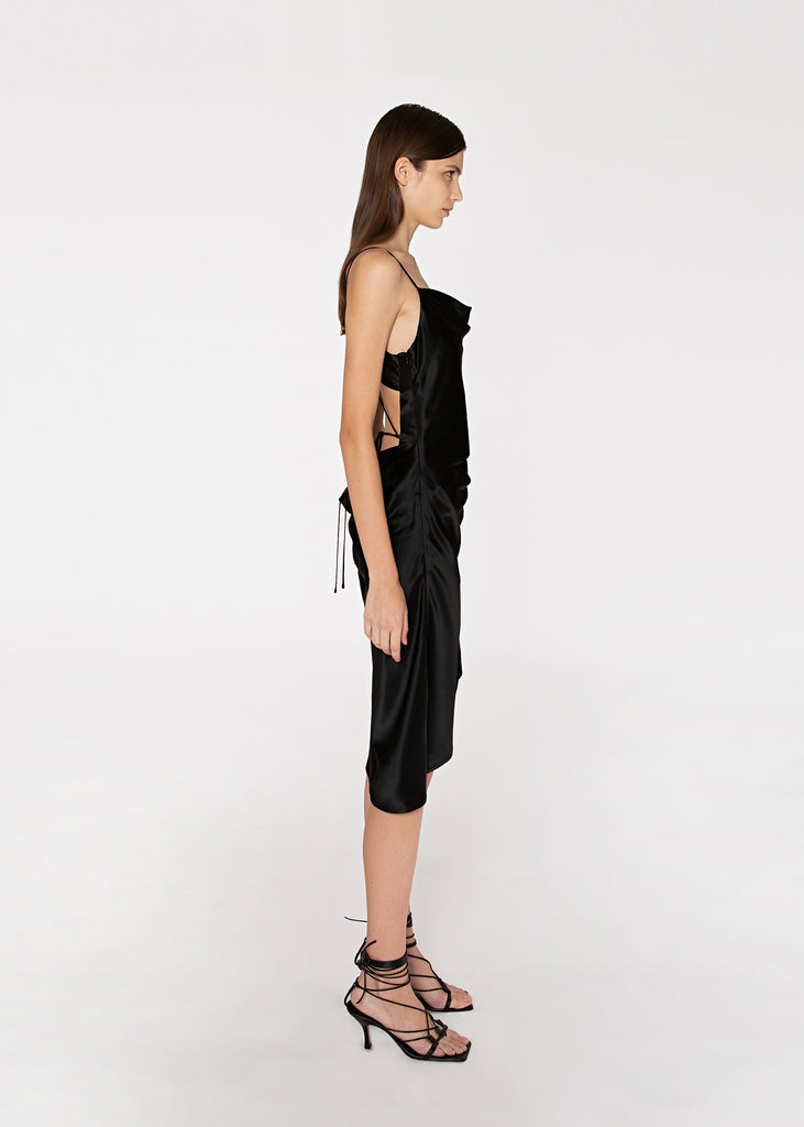 Asymmetric Cowl Neck Slip Dress in Black 