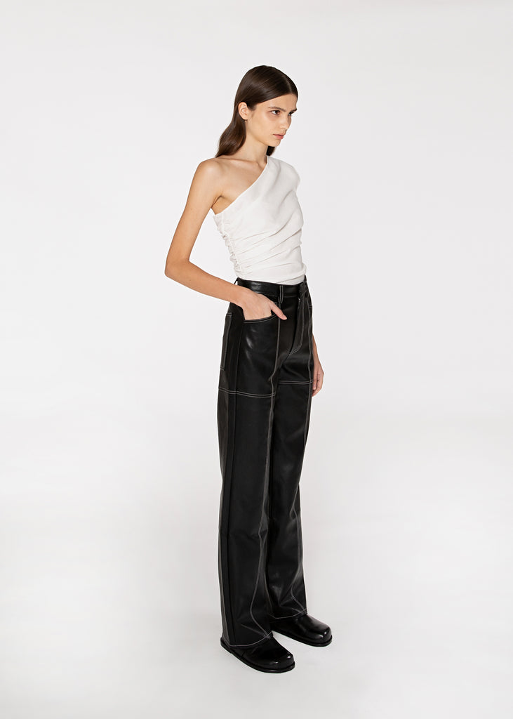 Leather Paneled Contrast Stitch Pant in Black