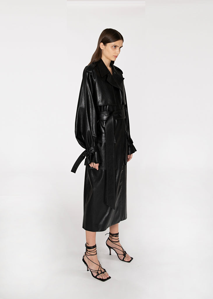 Belted Leather Trench Coat in Black