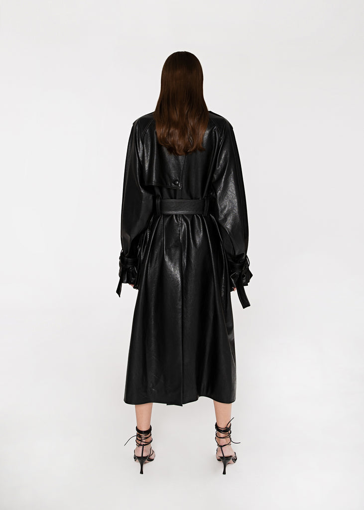 Belted Leather Trench Coat in Black