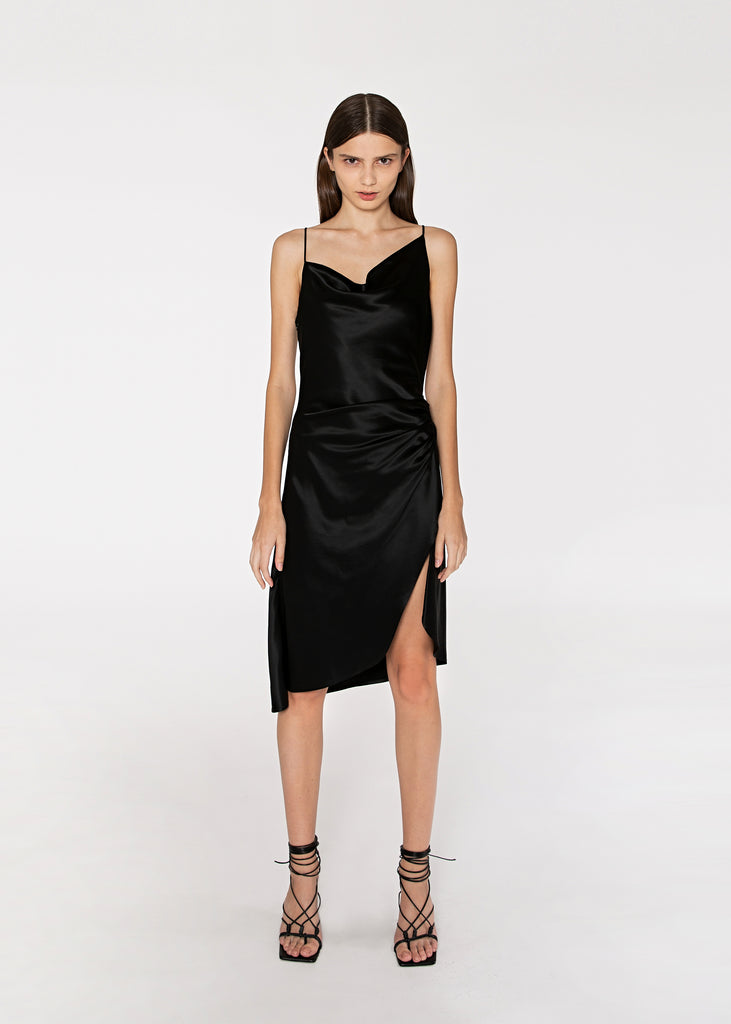 Asymmetric Cowl Neck Slip Dress in Black - MICHMIKA - Singapore fashion brand