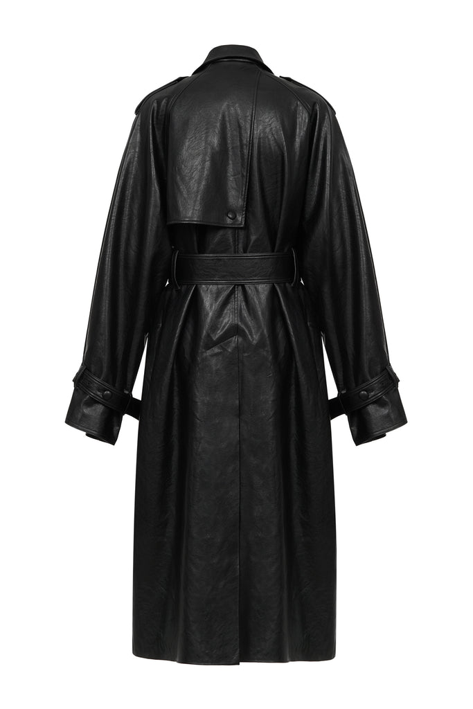 Belted Leather Trench Coat in Black