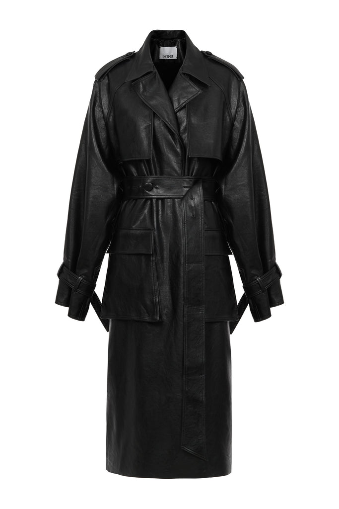 Belted Leather Trench Coat in Black