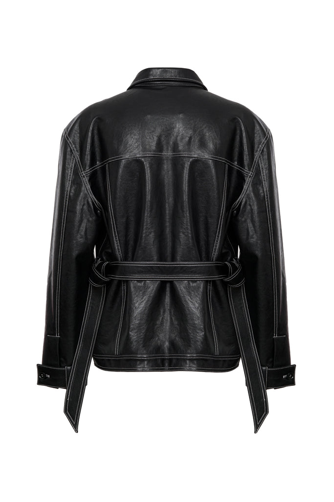 Belted Faux Leather Jacket in Black