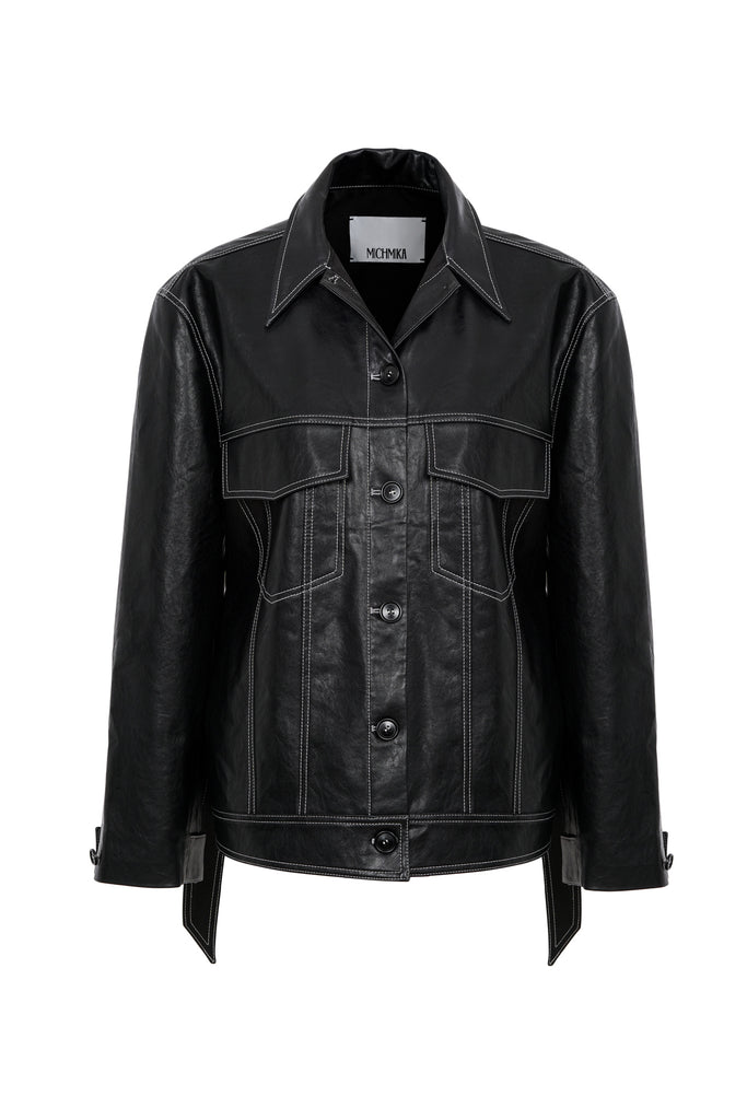 Belted Faux Leather Jacket in Black