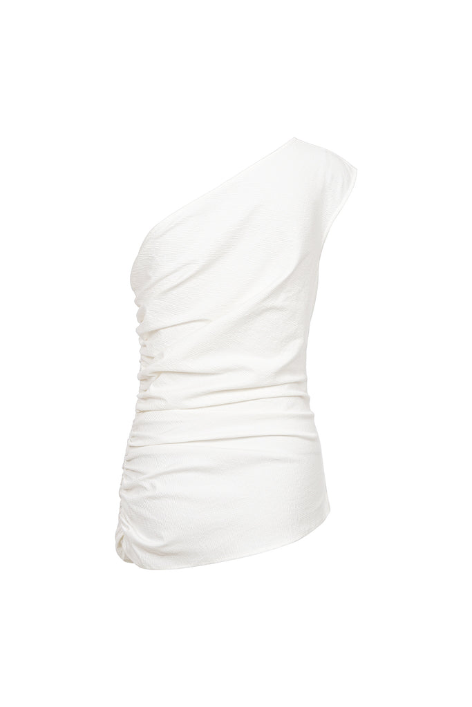 One Shoulder Ruched Top in White Front