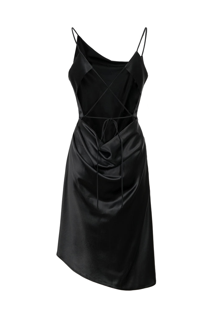 Asymmetric Cowl Neck Slip Dress in Black 