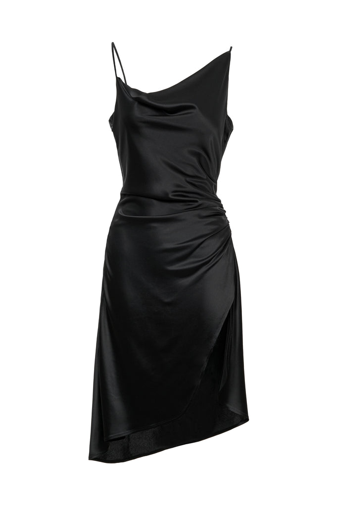 Asymmetric Cowl Neck Slip Dress in Black 