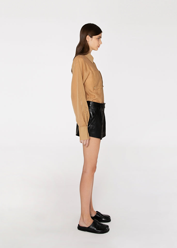 Faux Pleated Leather Shorts in Black 