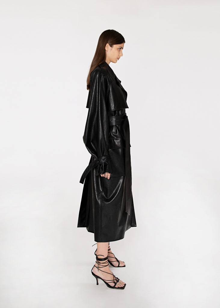 Belted Leather Trench Coat in Black