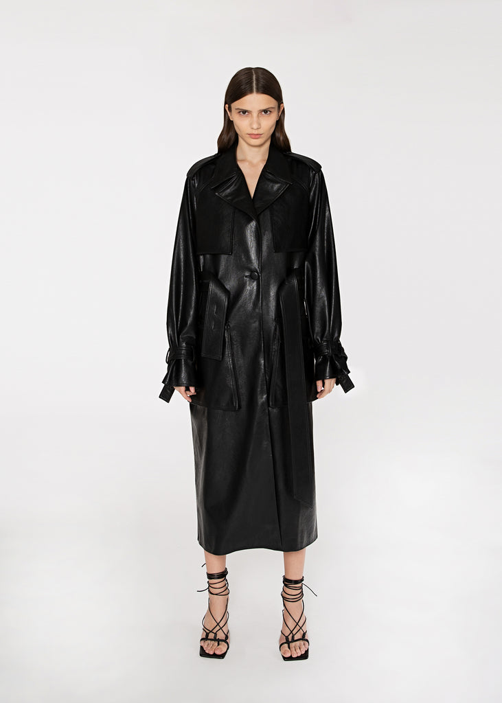 Belted Leather Trench Coat in Black