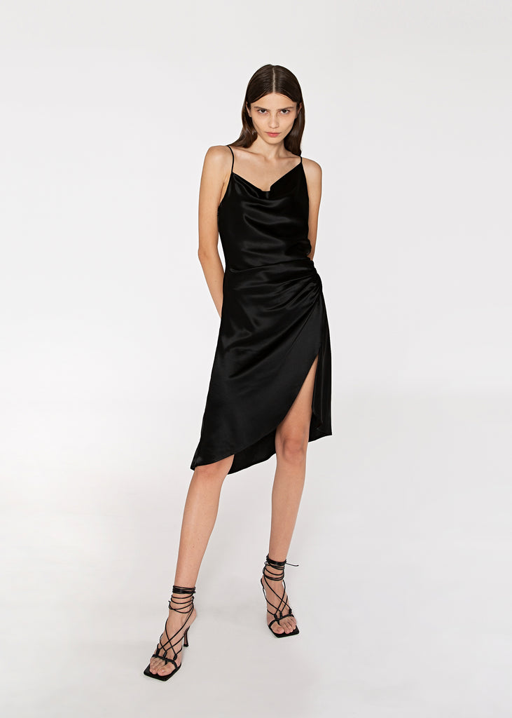 Asymmetric Cowl Neck Slip Dress in Black 