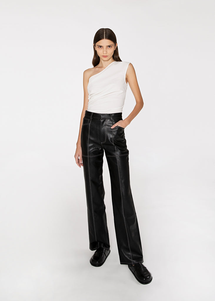 Leather Paneled Contrast Stitch Pant in Black
