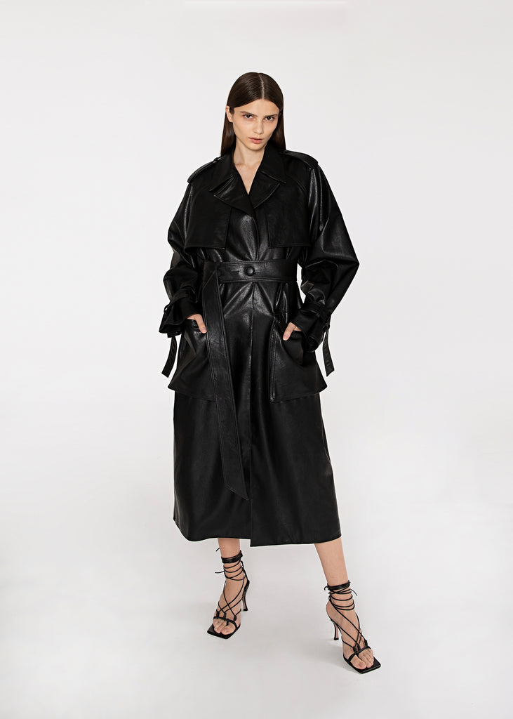 Belted Leather Trench Coat in Black