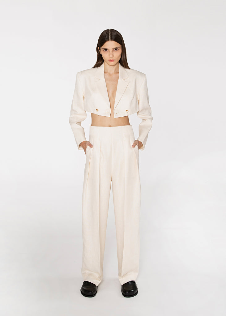 Cropped Double-Breasted Blazer in Off White